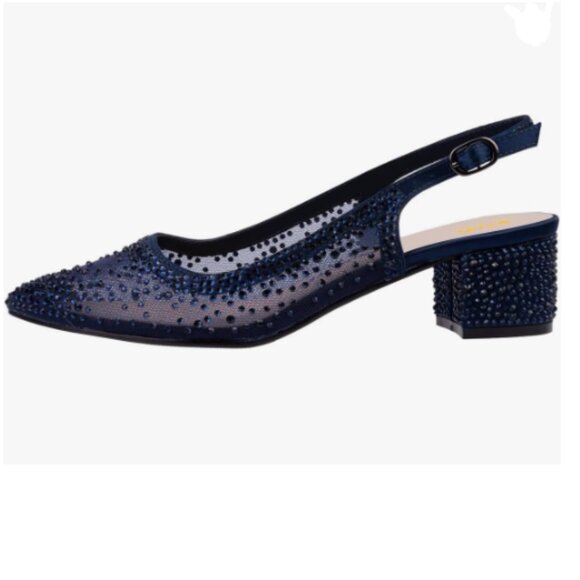 XYD Navy Rhinestone Pumps Sheer Mesh Slingback Block Heels Pointed Toe Shoes - Picture 1 of 8